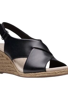 Clarks Lafley Alaine Black Leather Slingback Wedge Sandals Size 8 Wide